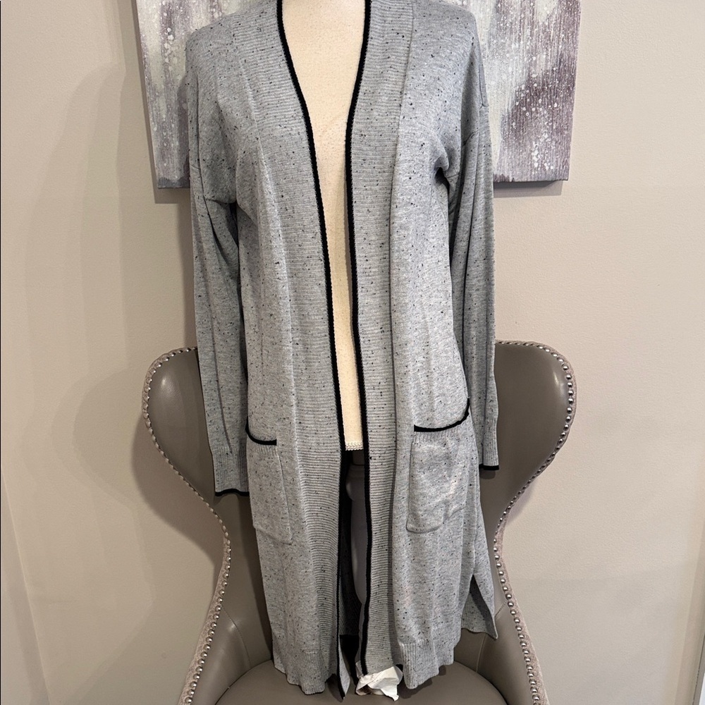 Gray Open Front Cardigan/Duster with Black Trim size small